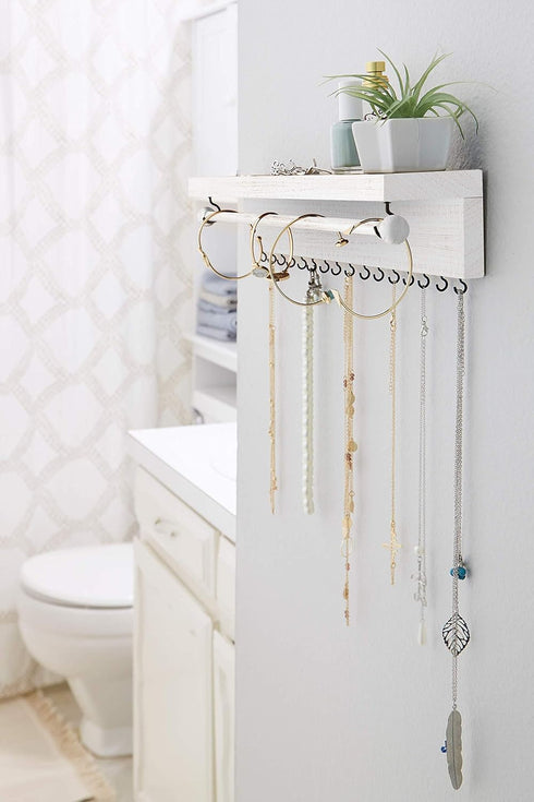 Rustic White Necklace Jewelry Organizer - Wall Mount Jewelry Holder for Necklace, Earrings, and Rings