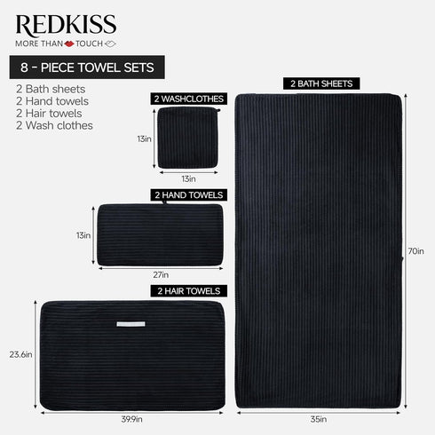 Set 8 8 2 2 2 2 REDKISS Black Bath Towels Piece - Microfiber Bathroom Towels of Large, Highly Absorbent Bath Towel