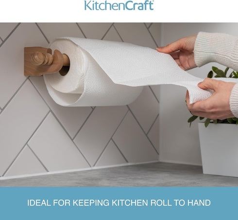 KitchenCraft 25 cm Wall Mounted Kitchen Roll Holder to Fit Paper Towels, Beechwood, Brown