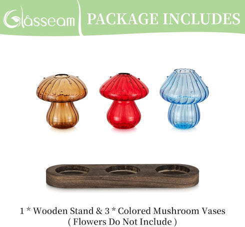 3Pcs Glasseam Mushroom Plant Propagation Station: Glass Plant Terrarium Jar with Wood Stand Unique Hydroponic Planters