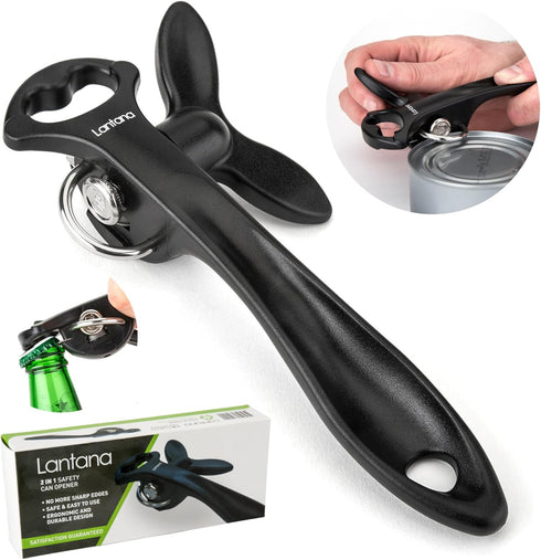Lantana Smooth Edge Can Opener with Bottle Cap Lifter - Manual Safety Tin Opener - Black/Stainless Steel