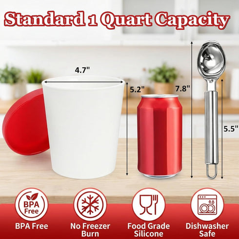 4 Pack 1 Peohud Ice Cream Containers, Quart Freezer Storage Tubs with Silicone Lids and Spoon for Ice Cream, Sorbet