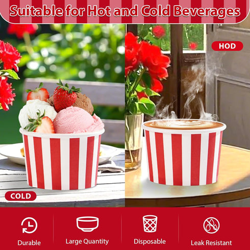 120Pcs 12 oz Summer Grencian Red Ice Cream Cups Disposable Red and White Stripes Paper Dessert Snack Bowls BBQ Yogurt