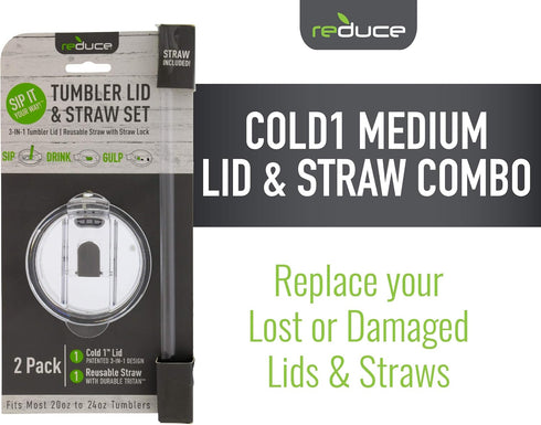 REDUCE Cold1 Tumblers or Mugs Replacement Lid (20-24oz) and Straw Set, Clear, BPA Free
