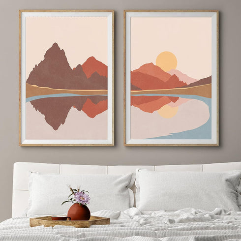 Bankrenart Nature Landscape Wall Art Prints Mid Century Boho Wall Decor Mountain Sun Lake Wall Art Modern Canvas Prints Abstract Artwork Poster for Living Room Bedroom Office 16x24 Inch Unframed