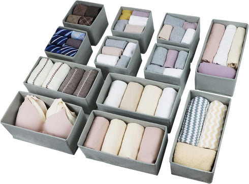 Set of 12 Drawer Organizer, Fabric Closet Organizer and Storage Baskets for Clothing, Sock, Ties, Gray