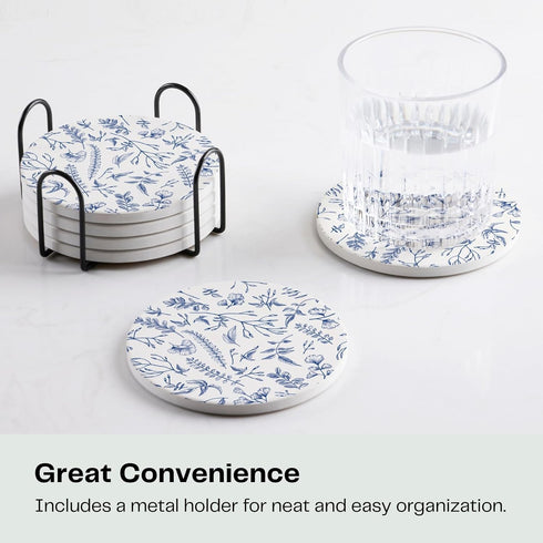 Set 6 of Floral Blue and White Coasters with Holder, Absorbent Ceramic Drink Coasters with Cork Backing for Table