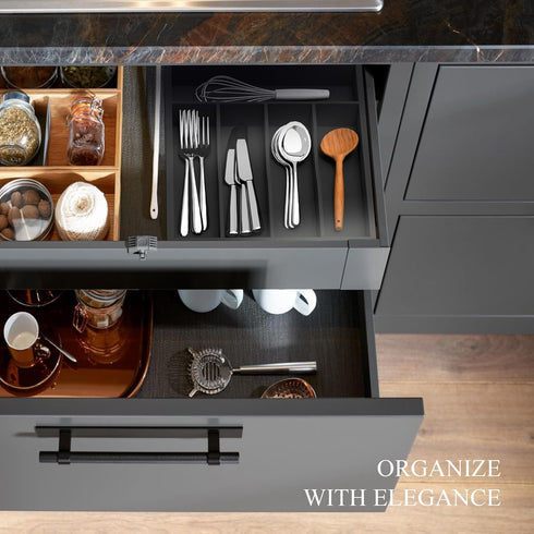 Bamboo Silverware Organizer, Kitchen Drawer Utensil Holder, Cutlery Tray & Spoon Storage with Grooved Drawer Dividers