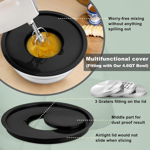 P&P CHEF Set of 6 Mixing Bowls with Black Lids, Stainless Steel Nesting Salad Bowl & 3 Grater Attachments for Prepping