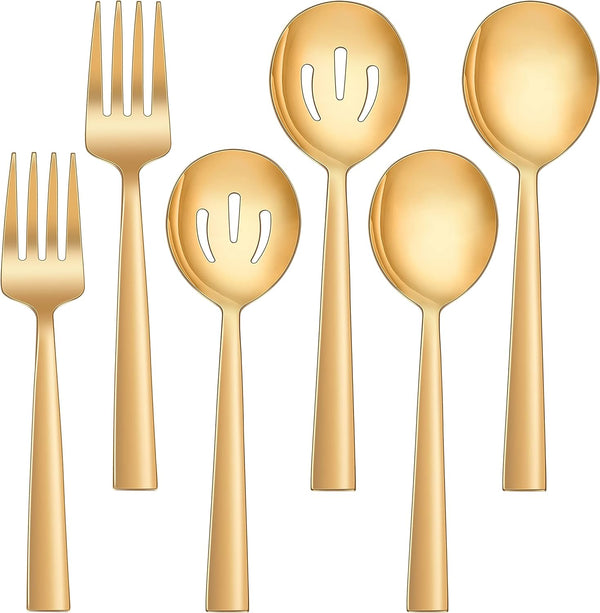 LIANYU 2 Gold Serving Spoons, 2 Gold Slotted Spoons, 2 Gold Serving Forks, 8.6 Inch Stainless Steel for Buffet Catering