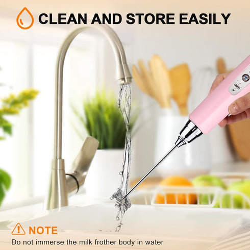 YUSWKO Pink Handheld Milk Frother with Stand, Rechargeable Electric Whisk, 3 Heads, 3 Speeds for Coffee, Latte