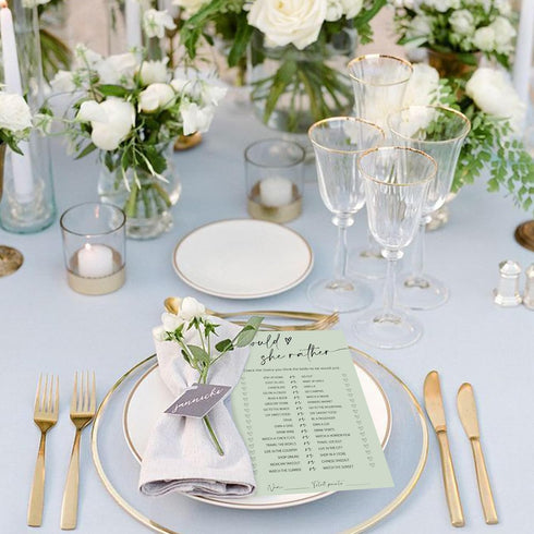 50 Whaline Sheets Sage Green Bridal Shower Game Cards Greenery Double Sided Party Game Activity Cards for Would She