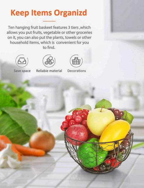 Round Wire Basket Black - Fruit Basket Bowl with Handle for Kitchen Storage of Vegetables and Snacks