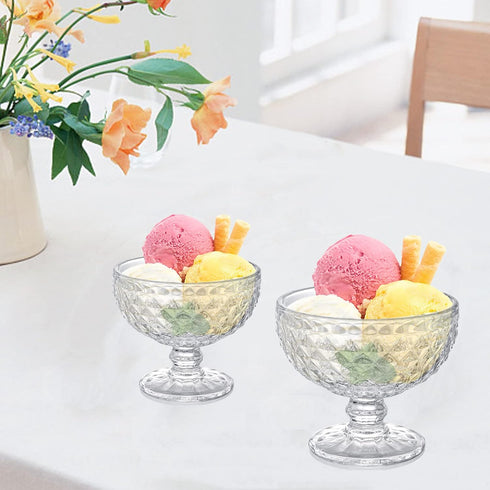 Set 6 12 Oz Set ZOOFOX of Glass Dessert Bowls, Glass Ice Cream Sundae Cups with Vintage Diamond Pattern, Footed Dessert