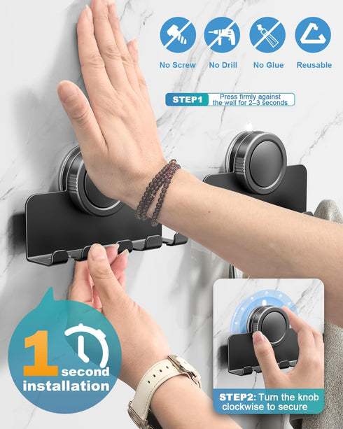 2-Pack Suction Cup Hooks, Razor Holder for Shower, Matte Black Shaver Holder Waterproof No Drill Adhesive Hanger