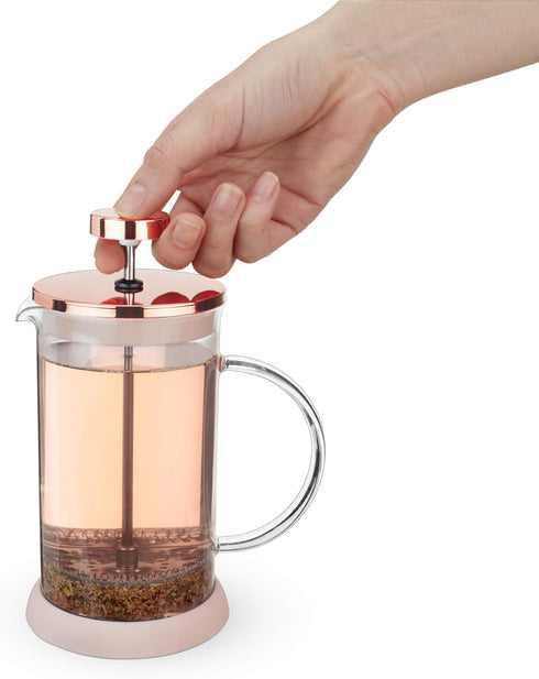 Pinky Up Riley Mini Glass Tea Press Pot, 12 oz Coffee Maker, French Press for Hot or Iced Beverage, Pink