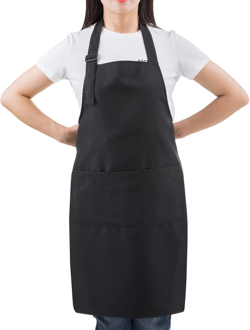 Black Professional Resist Water Adjustable Extra Long Bib Apron - 3 Pockets for Home Kitchen, Garden, Restaurant