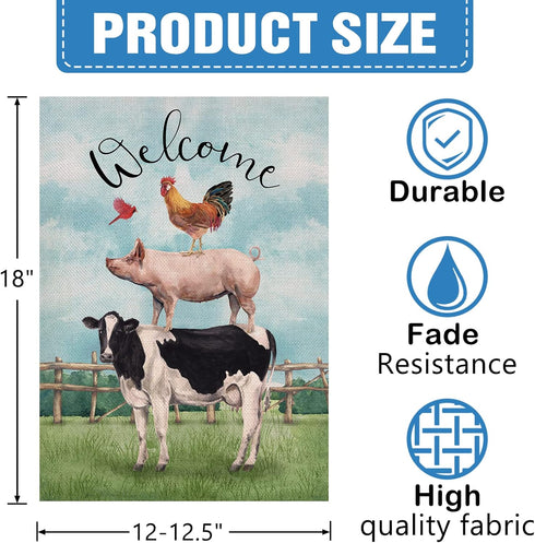 Welcome Summer Rooster Pig Cow Cardinal Garden Flag, Decorative Country Yard Outside Decoration, 12x18
