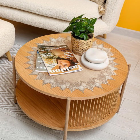 2Pcs 24 24in Kitchen(60 60cm) Polyester Round Doily, * Beige Table Cover with Lace Trim, Coffee Table Topper Table