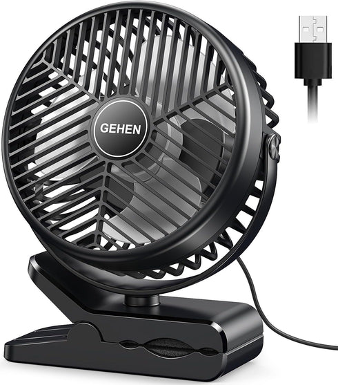 GEHEN 3-Speed Clip-On Fan with Strong Airflow, USB-Powered, Ultra-Quiet Operation for Bedroom, Office & Stroller Use