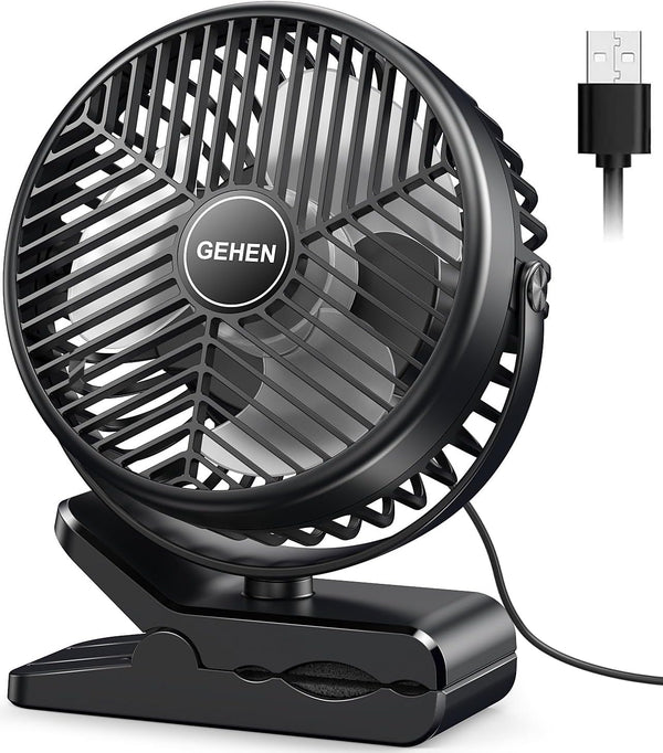 GEHEN 3-Speed Clip-On Fan with Strong Airflow, USB-Powered, Ultra-Quiet Operation for Bedroom, Office & Stroller Use