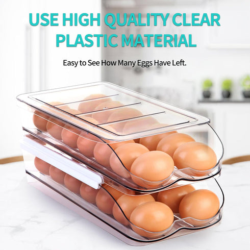 Automatic Rolling Egg Holder for Fridge, Stackable Container with Lid, Clear Plastic Egg Dispenser, Bin & Tray (1 Tier)