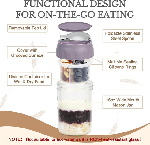 2 Pack 16oz SOLIGT Overnight Oats Containers with Lids, Folding Spoons and Divided Compartments for Fruit & Nuts, Small