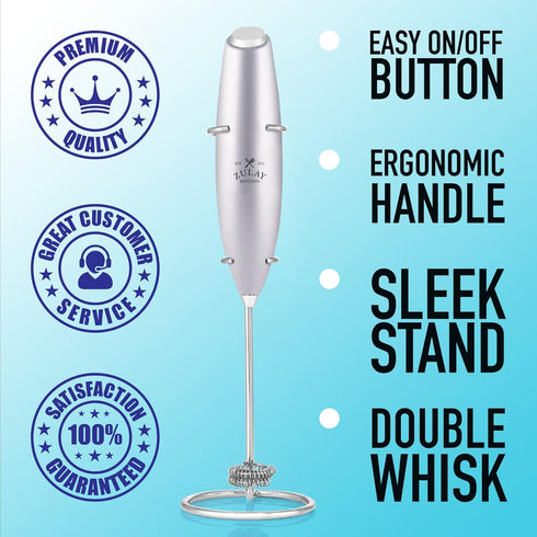 Zulay Kitchen Powerful Double Whisk Milk Frother Handheld - Foam Maker with Stand for Coffee, Latte, Matcha