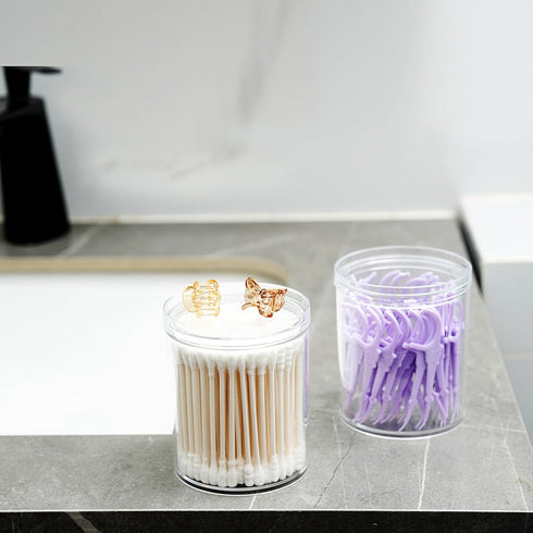 SheeChung 2 Pack Qtip Holder - Stackable Plastic Apothecary Jars with Storage Lids for Bathroom Organization (10oz)