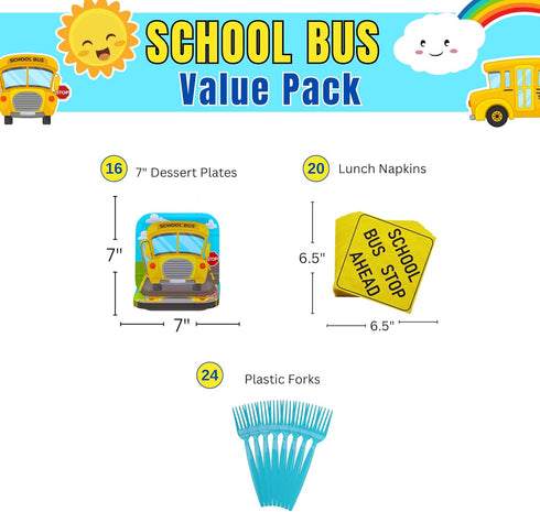 Blue Orchards School Bus Value Party Supplies Pack - 60 Pieces for 16 Guests, Birthday Plates and Napkins