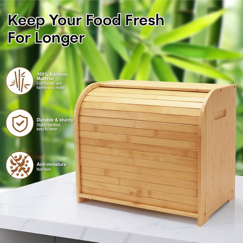 Countertop, 3 Counter, Bread Box for Kitchen Double Layer Bamboo Bread Storage Container for Homemade Bread, Roll Top