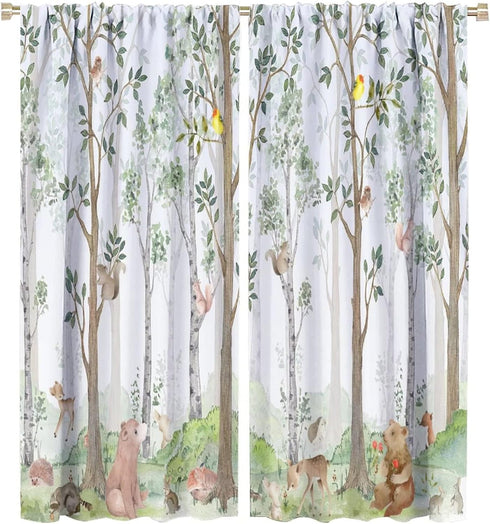 Kids Watercolor Woodland Animal Window Curtains, Bear Deer Squirrel Hedgehog Fox Birds