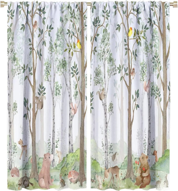 Kids Watercolor Woodland Animal Window Curtains, Bear Deer Squirrel Hedgehog Fox Birds