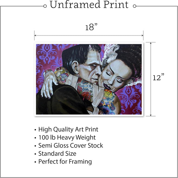 Undying Love by Mike Bell Bride of Frankenstein Art Print, 18x12 Semi-Gloss Paper, Monster Horror Art, Made in USA