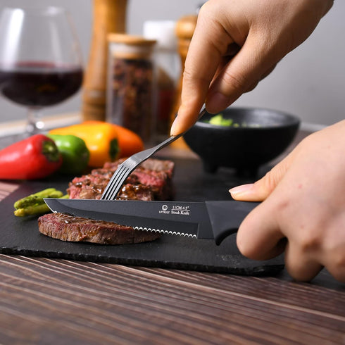 Steak Knives, Steak Knives Set of 6, High-Carbon Stainless Steel Serrated Steak Knives Dishwasher Safe, Elegant Black by UPTRUST