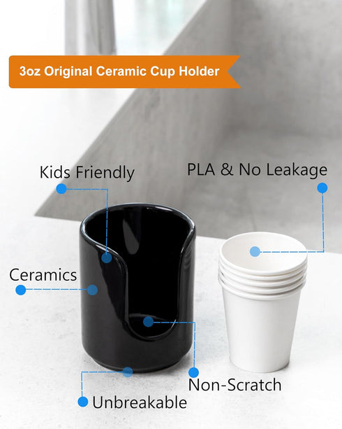 3 oz Original Ceramic Bathroom Cup Dispenser with 5 PLA Paper Cups, Black, 1 Pack, Essential Accessories for Mouthwash