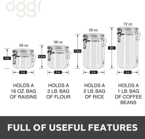 4pc Set Oggi Clear Canister with Clamp Lids & Spoons - Airtight Food Storage Containers, Ideal for Kitchen & Pantry