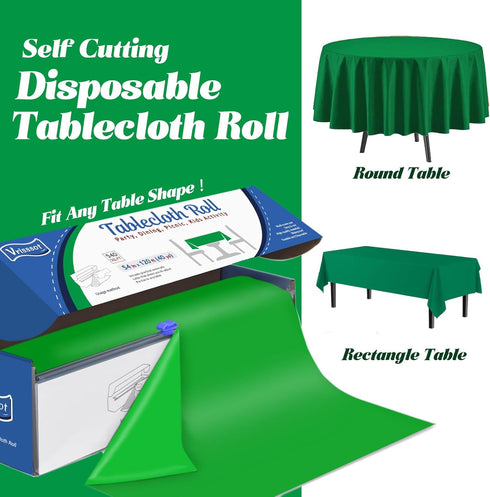 Disposable Plastic Table Cover Roll: 54in x 120ft Green Tablecloths with Easy Slide Cutter for Parties