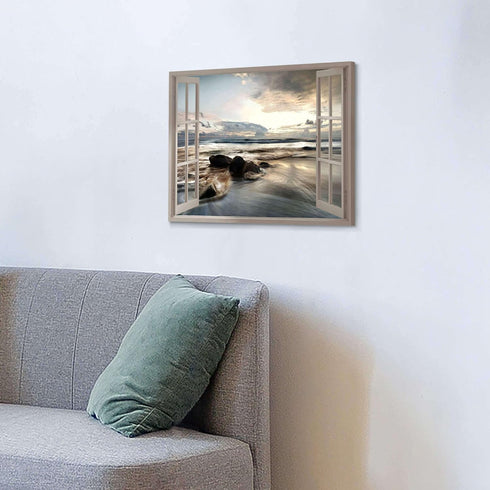 Fake Window Coastal Wall Art - Rocky Beach Artwork Canvas Painting for Bedroom Office Living Room Decor