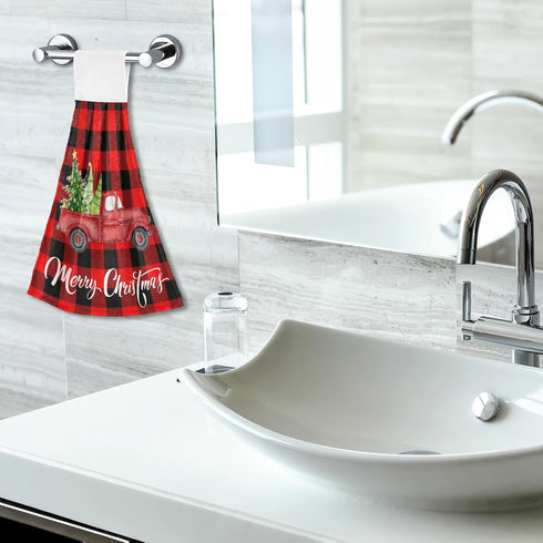 Boccsty Christmas Tree Truck Fingertip Bath Towels, 2 Pcs Red Black Plaid Tartan Kitchen Hand Towels