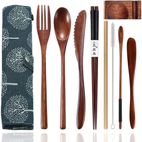 Bamboo Utensils for Eating - Reusable Wooden Travel Flatware Set, 9 Pcs with Case