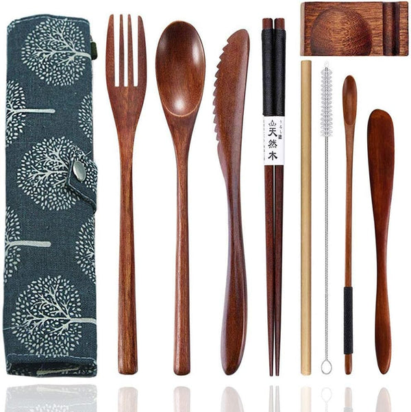 Bamboo Utensils for Eating - Reusable Wooden Travel Flatware Set, 9 Pcs with Case