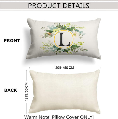 Monogram Letter L Throw Pillow Covers Floral 12x20 Inch, Greenery Spring Pillows Decorative Throw Pillows Pillowcase Summer Farmhouse Decor for Couch Sofa, Family Last Name Initial Pillow Case by Snycler
