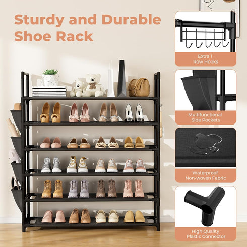 6 24-30 Closet, LANTEFUL Tier Shoe Rack, Shoe Organizer Storage for Pairs Shoe and Boot, Long Shoe Shelf with Hook