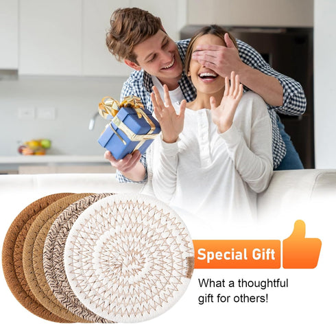 8 Set OIAHOMY Pcs Coasters with Holder for Beer, Coffee, Woven Cotton Coaster for Table Decor for Kitchen, Bar, Dining