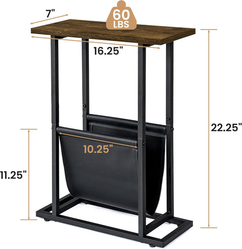 Acovy Narrow Side Table for Small Place,Metal Table with PU Leather Bag,Slim Nightstand for Reading Or Storage,Sofa