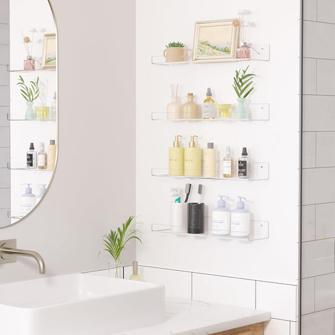 upsimples 4 Pack Acrylic Shelves for Wall Storage, 15" Floating Bookshelves for Kids, Display Shelf Organizer for Bathroom, Bedroom, Living Room, Kitchen, Room Decor, Clear by upsimples