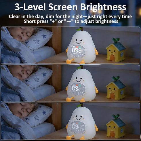 Pear Alarm Clock with Night Light for Kids with Sleep Training Light and White Noise, Rechargeable Silicone Lamp OK
