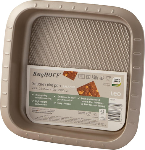 Berghoff Balance Nonstick Square Cake Pan, 8.5" x 8.5" x 2", Lightweight Carbon Steel, Ferno-Green Bakeware
