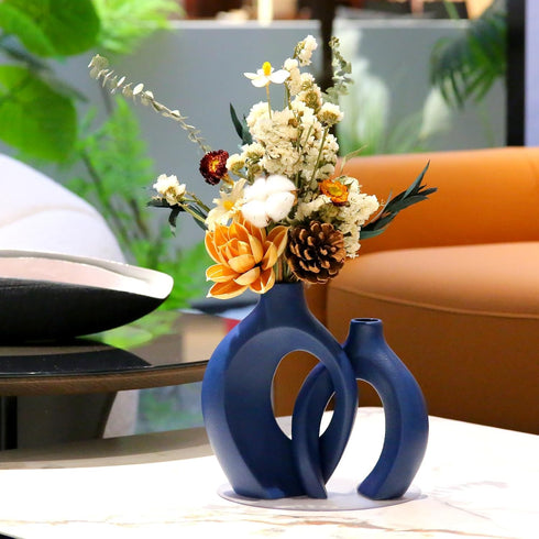 Set 2 Blue Ceramic Vase for Modern Home Decor, Matte Snuggle Hollow Flower Vase of for Table Centerpiece Office